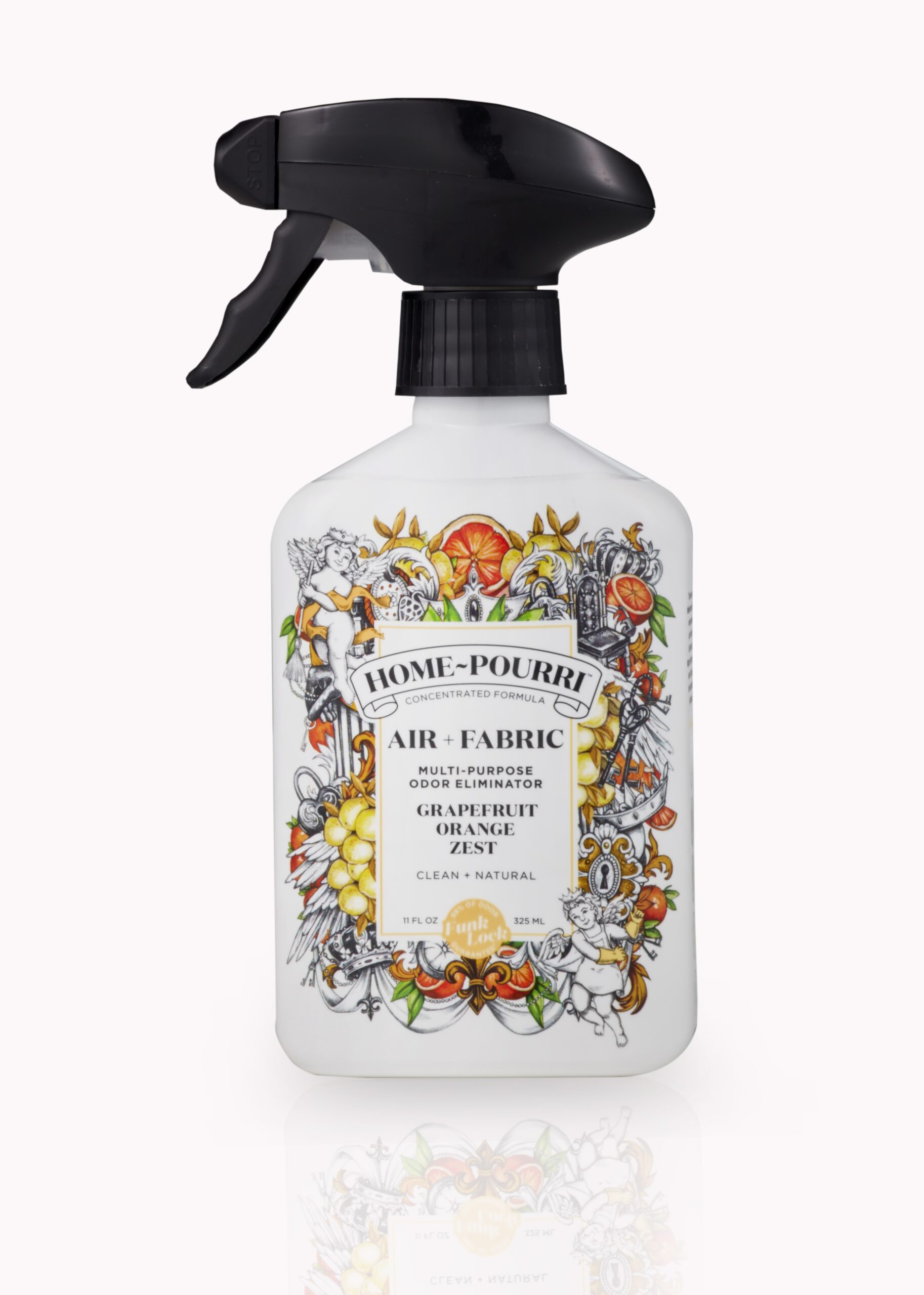 Poo-pourri household air freshener with a shrink sleeve featuring a surface matte varnish printed by Steinhauser, Inc.