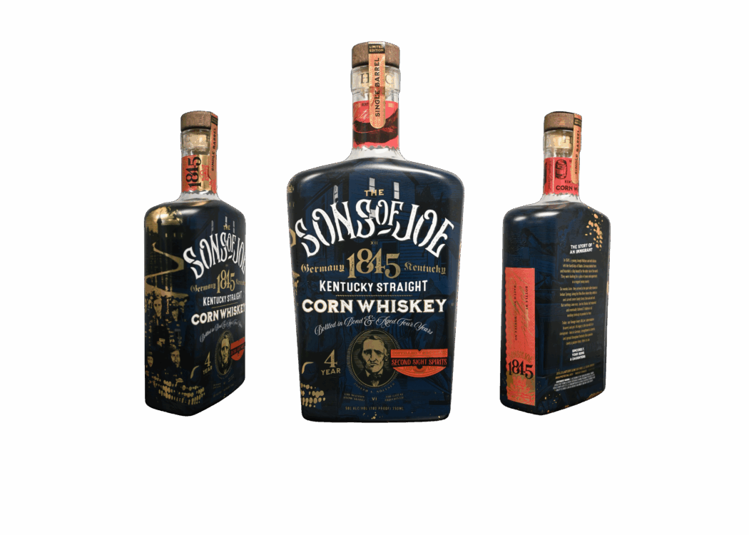 Photos of Sons of Joe whiskey from every angle, showing the benefits of shrink sleeves for a 360-degree design.