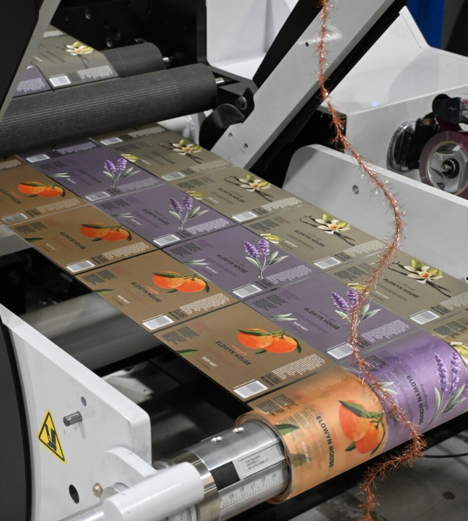 Multiple SKUs of a label printing on the Mark Andy hybrid press at Steinhauser