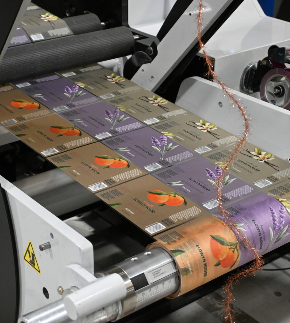 Multiple SKUs of a label printing on the Mark Andy hybrid press at Steinhauser